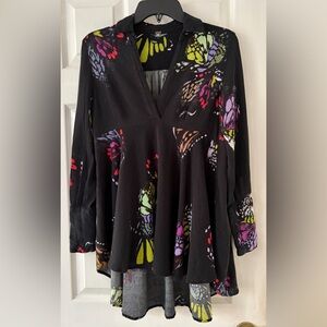 Free People Black Multicolor Butterfly Blouse